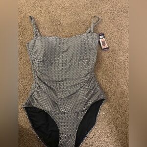 DKNY Black and White Geometric One-Piece Swimsuit